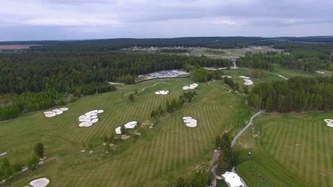 Top view green golf course outdoor green grass field. Aerial view from flying 스톡 사진