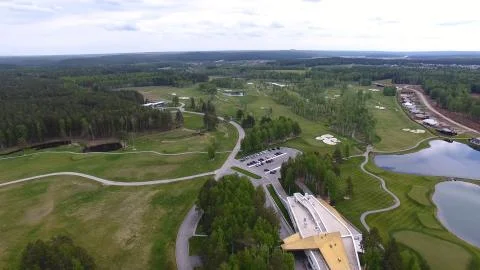 Top view green golf course outdoor green grass field. Aerial view from flying 스톡 사진