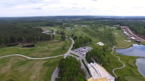 Top view green golf course outdoor green grass field. Aerial view from flying 스톡 사진