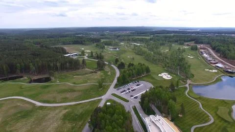 Top view green golf course outdoor green grass field. Aerial view from flying 스톡 사진