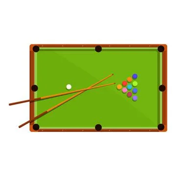 Top view of a green pool table with balls and cues ready for playing billia.. Illustrazione stock