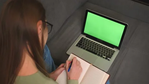 Top view. Green screen chromakey laptop computer concept: online distance Stock Footage 150510555