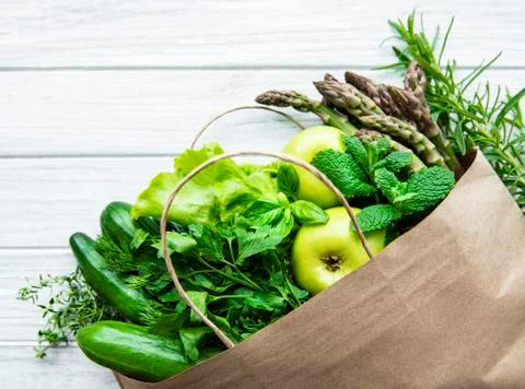 Top view of green vegetables, flat lay Stock Photos
