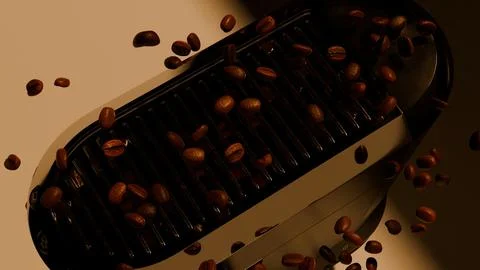 Top view grill of espresso machine with beans flying across black background Stock Photos
