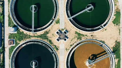 Top view of group of clarifiers at a sew... | Stock Video | Pond5