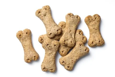 Top view of group of crunchy bone shaped dog biscuit set isolated on white .. Stock Photos