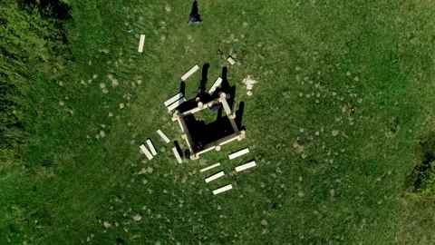 Top view of group of men building wooden house Stock Footage 319895774