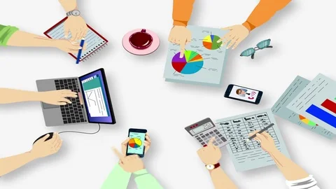 Top view of group of people working hard at the table, chart diagrams and Vídeo Stock 75575142