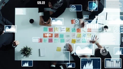 Top view of group putting hand to celebrate project with statistic. Directorate. Stock Footage 270249027