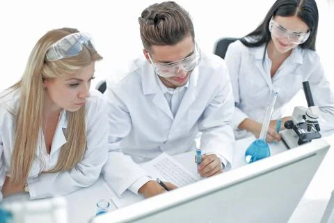 Top view.a group of scientists working on a computer in the laboratory Stock Photos