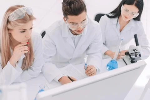 Top view.a group of scientists working on a computer in the laboratory Stock Photos