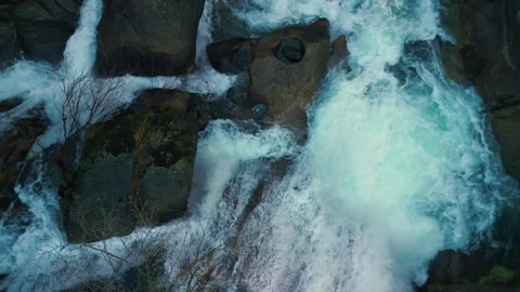 Top View Of Gushing Cascades Through Rocks. Aerial Drone Shot Stock Footage 260338791