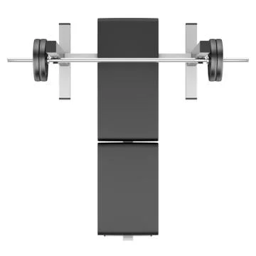 Top view of gym flat weight bench with barbell isolated on white background Stock Illustration