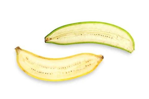Top view of a half of bananas on white background. Stock Photos