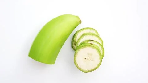 Top view of a half of bananas on white background. Stock Photos
