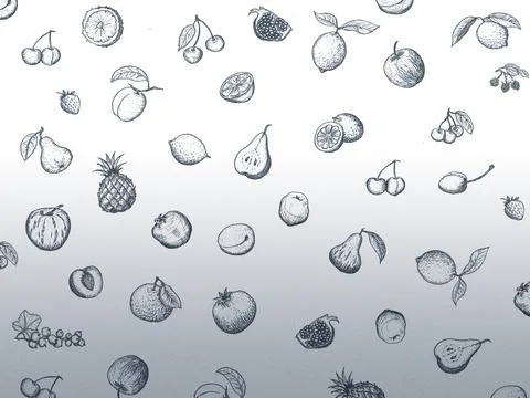 Top view hand drawn illustration. Vegetables, fruits, bread, berries hand drawn. Stock Illustration