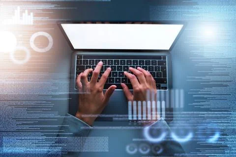 Top view, hands and coding with laptop for online, research and web development Stock Photos