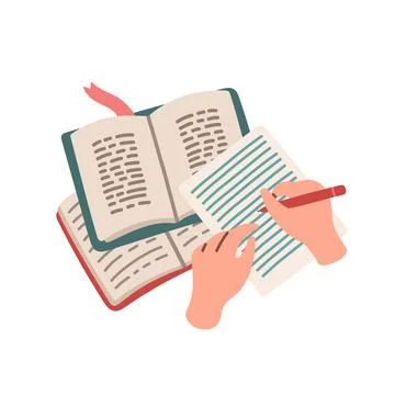 Top view of hands are writing in a notebook at the table with opened books Stock Illustration