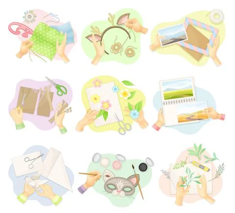 Top view of hands creating handmade crafts set. Creative work process, hobby and Stock Illustration