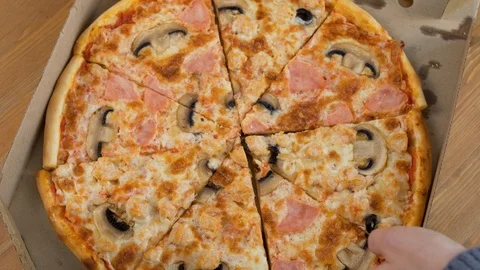 Top View Hands Disassemble Slices of Delicious Pizza and Empty the Pizza Box fro Stock Footage 124846006