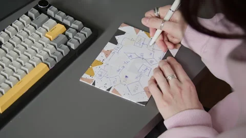 Top view of Hands of Female Programmer Drawing Block Scheme for Project Video stock 335937472