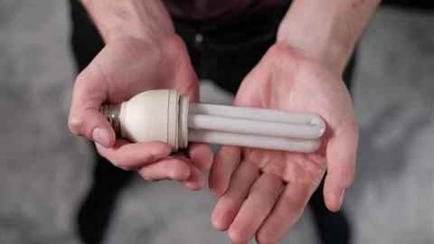 Top View of Hands Holding Compact Fluorescent Light Bulb Stock Footage 306046079