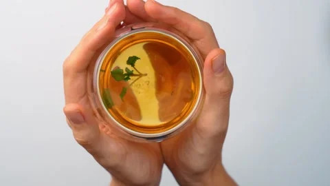 Top view of hands holding cup of brewed lemon balm tea. Two female hands holding Stock Footage 342976718