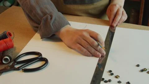 Top view the hands of a master shoemaker make a pencil drawing of the elements Stock Photos