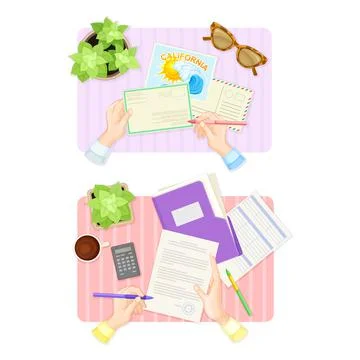 Top view of hands signing document and sending letter set vector illustration Illustrazione stock