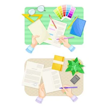 Top view of hands signing document and choosing colors from palette set vector Illustrazione stock