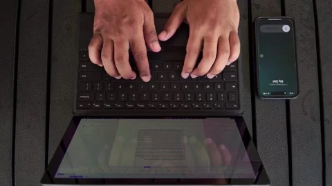 Top view of hands typing on laptop keyboard with incoming call on phone. Stock Footage 342041309