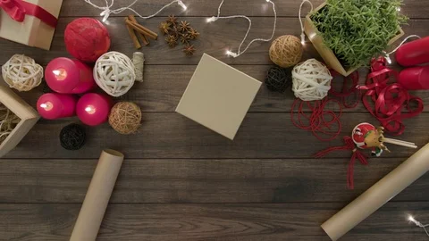 Top View Hands Wrap Christmas Presents Stock Footage 81464607