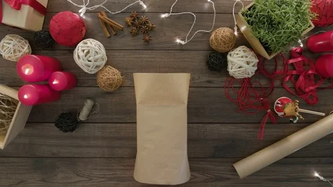 Top View Hands Wrap Christmas Presents Stock Footage 81465013