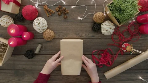Top View Hands Wrap Christmas Presents Stock Footage 81465681