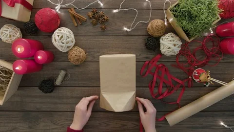Top View Hands Wrap Christmas Presents Stock Footage 81466167