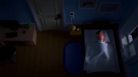 Top View of Handsome Young Man Sleeping Cozily on a Bed in Bedroom at Night. Vidéo 260691917