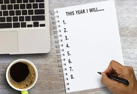 Top view handwriting text writing this year i will with laptop computer Fotos Stock
