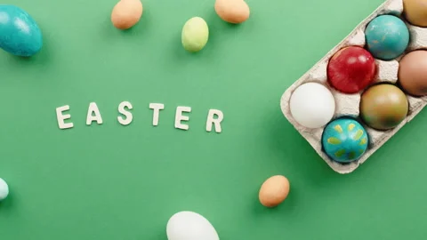 Top view of Happy Easter text on green background Stock Footage 175164580