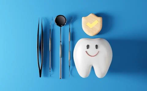 Top view of happy tooth. Cute dentist mascot. Oral health and dental inspec.. Stock Illustration