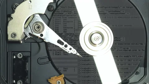 Top view to the hard drive disk with recovery data after hacker attack Stock Footage 234652035