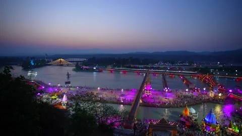 Top view haridwar decorated with lights during kumbh mela Stock Footage 214327551