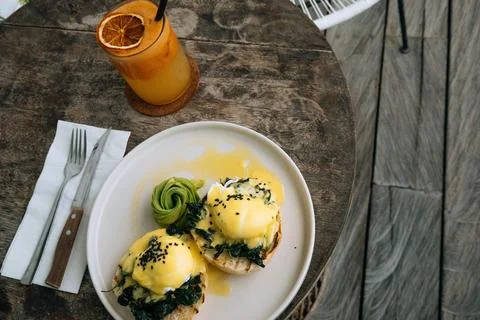 Top view of Healthy Breakfast with Bread Toast and Poached Egg with spinach Stock Photos