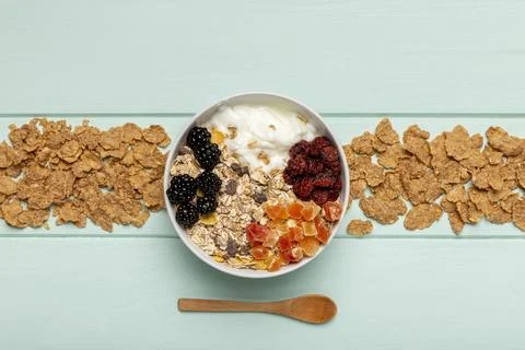 Top view healthy breakfast table Stock Photos