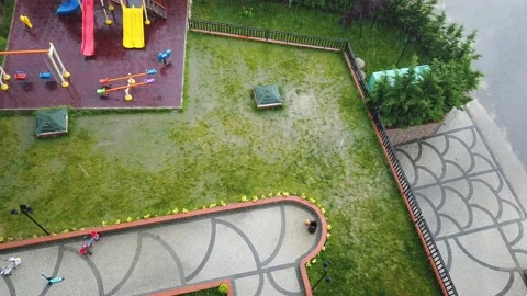 Top view. Heavy rain. inner courtyard of residential complex flooded. Stock Footage 133707132