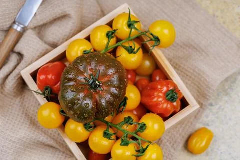 Top view of heirloom and cherry tomatoes in box 스톡 사진