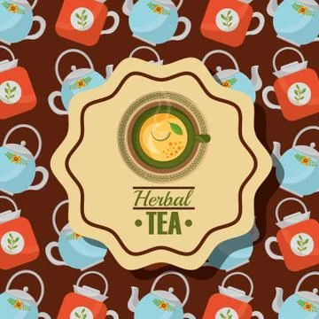 Top view herbal tea teacup lemon and teapot background Stock Illustration