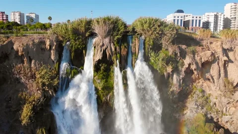 Top view of a high waterfall falling into the mediterranean sea. Clean ecology Stock-Footage 142819123