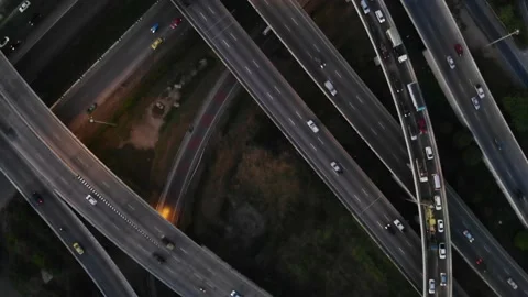Top view of Highway road junctions at night Intersecting freeway Stock Footage 134875610