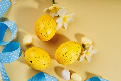Top view of holiday Easter composition on beige background Stock Photos