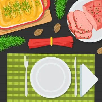 Top View of Holiday Festive Table, Christmas Table Decorating Setting with Stock Illustration
